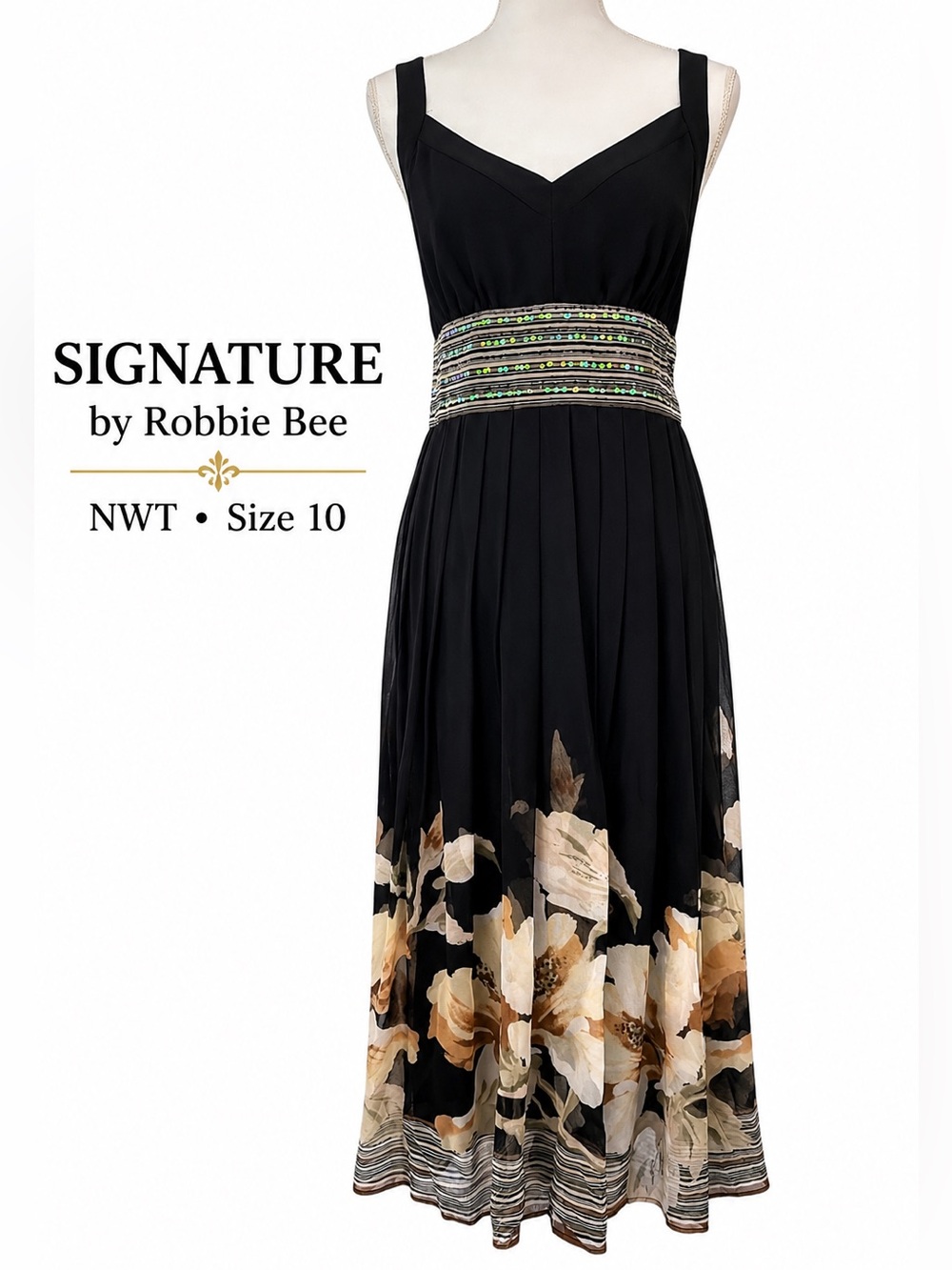 NWT Signature by Robbie Bee Black Floral Sequin Maxi Dress Size 10 - Picture 2 of 15